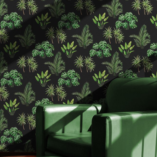 ブラックパターンの熱帯緑 壁紙 (Moody Tropical Greenery Pattern on Black Wallpaper)