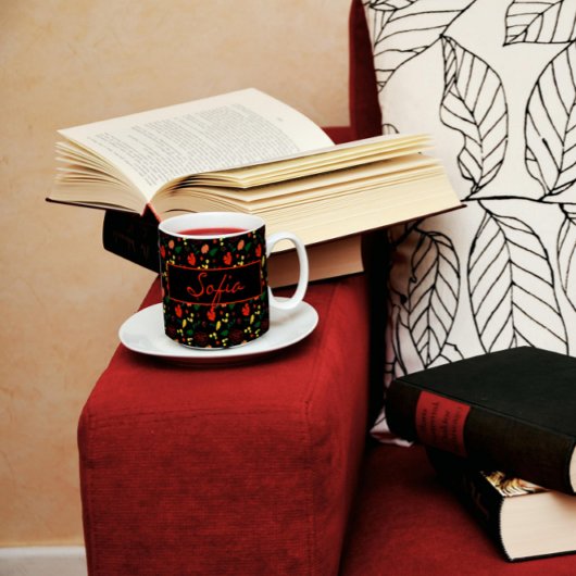 ブラックパターンカラー野花ポピーなコーヒーマグ フロストグラスマグカップ