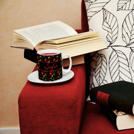 ブラックパターン野草の赤いポピーのコーヒーマグ コーヒーマグカップ