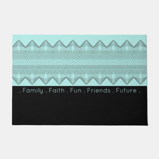 ブラックパターン（の模様が）あるブライトターコイズ ドアマット (正面)