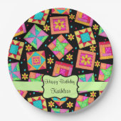 ブラックパッチワークキルトブロック名ハッピーバースデー ペーパープレート (正面)