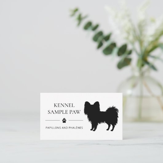 ブラックパピヨンシルエットドッグケンネルまたはブリーダー 名刺 (スタンド正面)