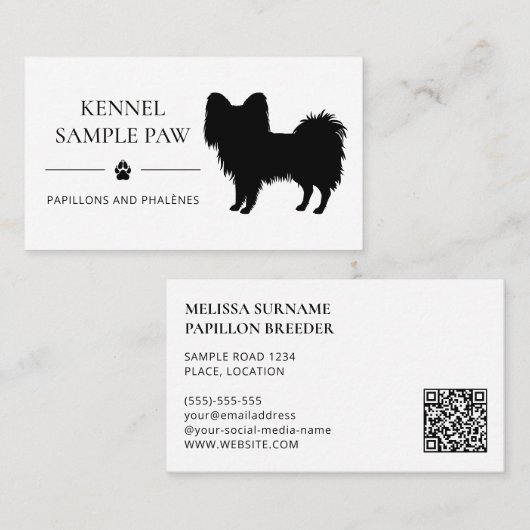 ブラックパピヨンシルエットドッグケンネルまたはブリーダー 名刺 (正面/裏面)