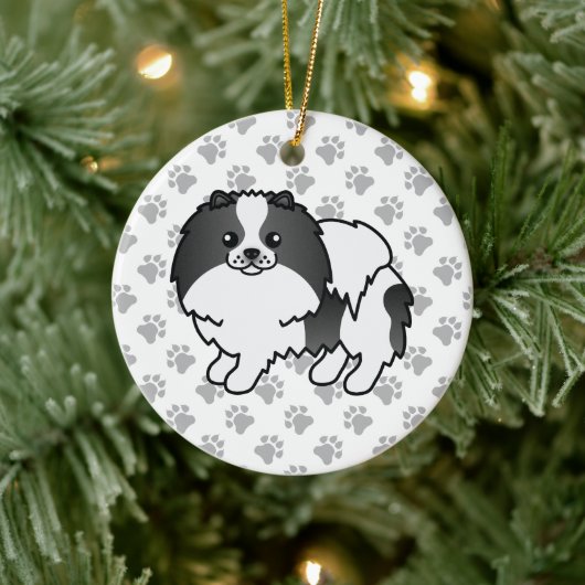 ブラックパルティカラーポメラニア犬かわいい犬と前足 セラミックオーナメント (ツリー)