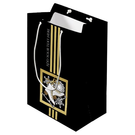 ブラックパーソナライズされたおよび金ゴールドグリッター氷スケートで滑る ミディアムペーパーバッグ (正面アングル)