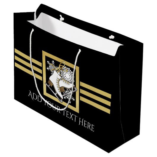 ブラックパーソナライズされたおよび金ゴールドグリッター氷スケートで滑る ラージペーパーバッグ (正面アングル)