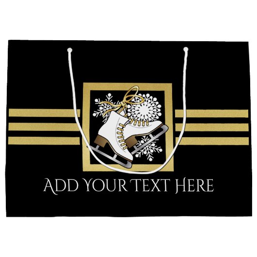 ブラックパーソナライズされたおよび金ゴールドグリッター氷スケートで滑る ラージペーパーバッグ (裏面)