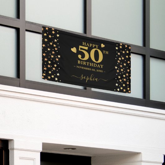 ブラックパーソナライズされたアンド金ゴールドスターズ50位の誕生日 横断幕 (ビルの外側)