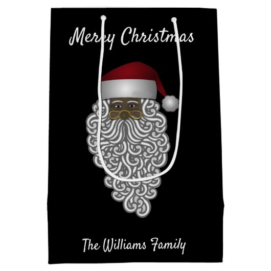 ブラックパーソナライズされたサンタクリスマス ミディアムペーパーバッグ (裏面)