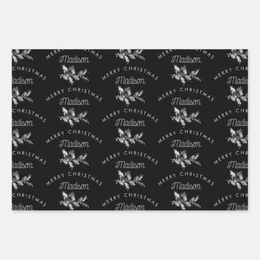 ブラックパーソナライズされたレトロクリスマメリースモノグラム ラッピングペーパーシート (正面3)