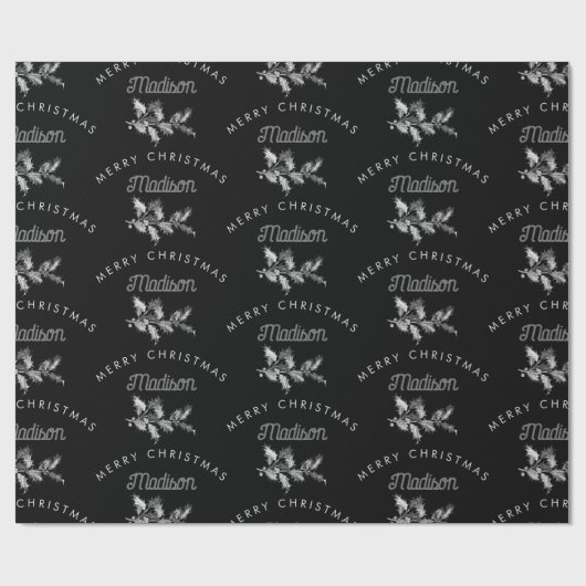 ブラックパーソナライズされたレトロクリスマメリースモノグラム ラッピングペーパー (フラット)