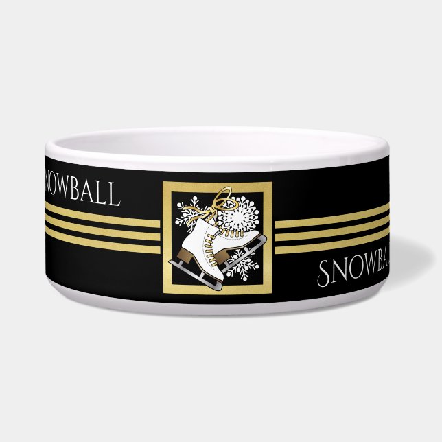 ブラックパーソナライズされた金ゴールドグリッターアイススケートで滑るペット ボウル (正面)