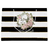 ブラックパーソナライズされたnホワイトストライプのバラアジサイ ラージペーパーバッグ (正面)