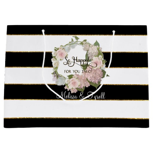 ブラックパーソナライズされたnホワイトストライプのバラアジサイ ラージペーパーバッグ (正面)