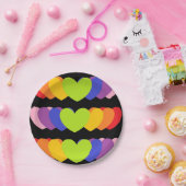 ブラックパーティープレートとレインボーハート  ペーパープレート (パーティー)