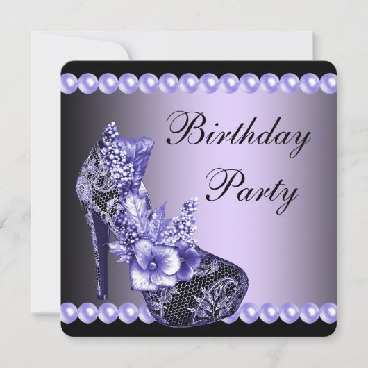 ブラックパープルのハイヒールパーティー 誕生日パーティー 招待状 (正面)