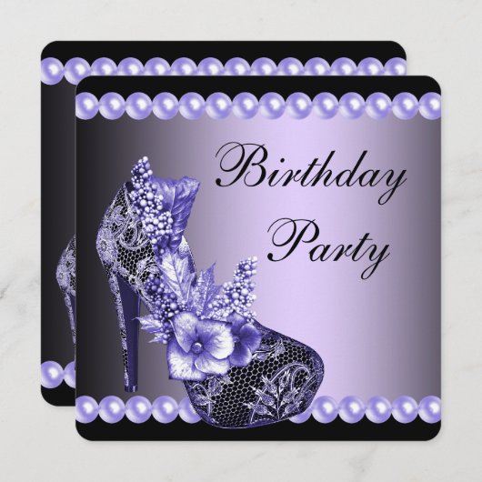 ブラックパープルのハイヒールパーティー 誕生日 招待状 (正面/裏面)