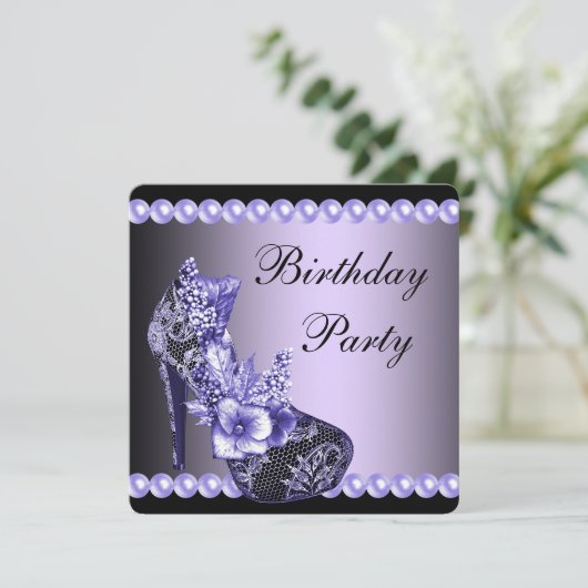 ブラックパープルのハイヒールパーティー 誕生日 招待状 (スタンド正面)