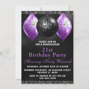 ブラックパープルのハロウィンオーナメント 誕生日パーティー 招待状
