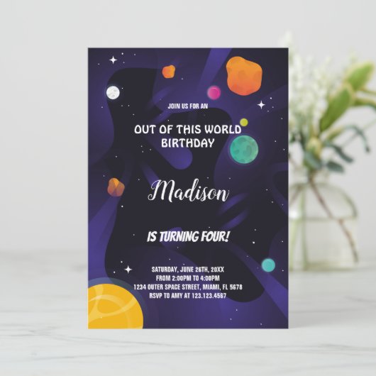 ブラックパープルアウタースペース誕生日招待状 招待状 (スタンド正面)