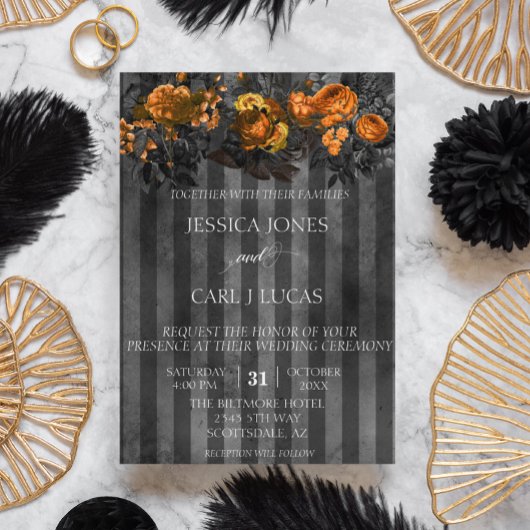 ブラックパープルオレンジウォーターカラーフローラハロウィーン 招待状