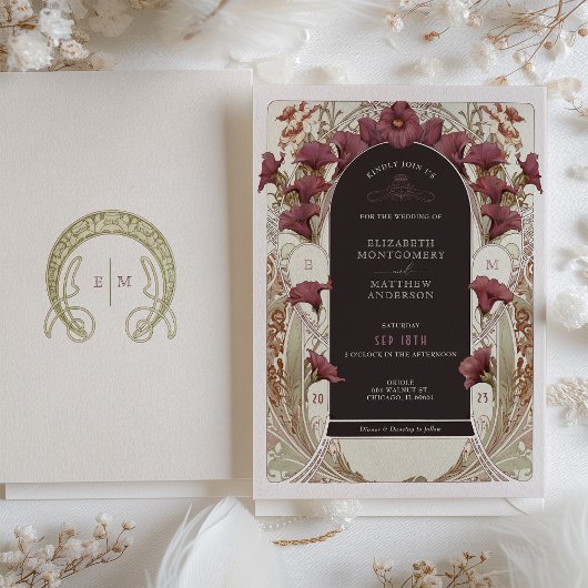 ブラックパープルカラリリー結婚ズアールヌーボーミュシャ 招待状