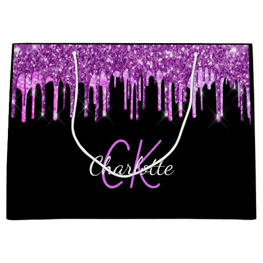 ブラックパープルグリッターのモノグラム輝き ラージペーパーバッグ (正面)