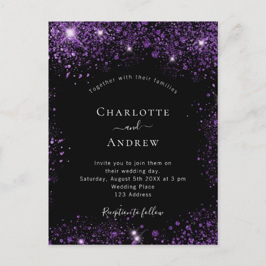 ブラックパープルグリッターエレガントな結婚式 インビテーションポストカード (正面)