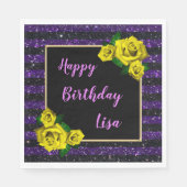 ブラックパープルグリッターストライプズイエローローズ誕生日 スタンダードランチョンナプキン (正面)