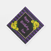 ブラックパープルグリッターストライプズイエローローズ誕生日 スタンダードランチョンナプキン (角)