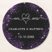 ブラックパープルグリッターミセス結婚ハート ラウンドペーパーコースター (正面)