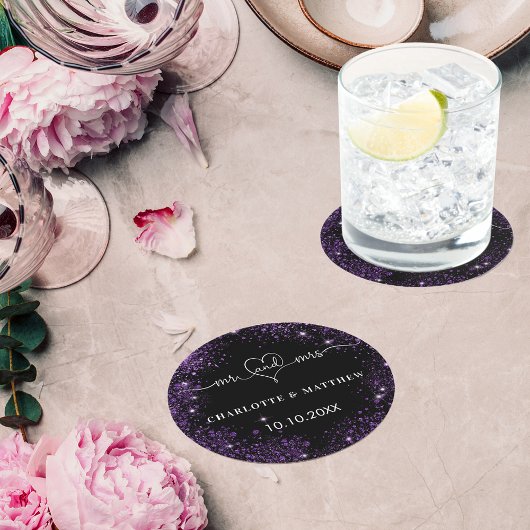 ブラックパープルグリッターミセス結婚ハート ラウンドペーパーコースター