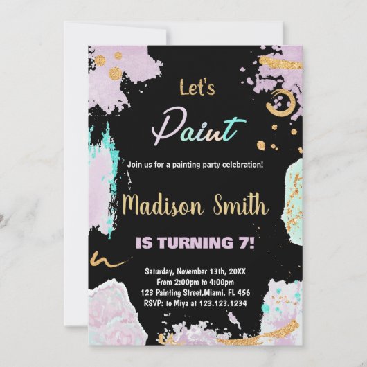ブラックパープルグリッター絵を描誕生日招待状 招待状 (正面)