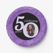 ブラックパープルグリッター50 50年50誕生日 ペーパープレート (正面)