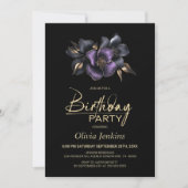 ブラックパープルグレイフローラエイジーンバースデーパーティー 招待状 (正面)