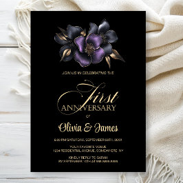 ブラックパープルグレイフローラ結婚1周年 招待状