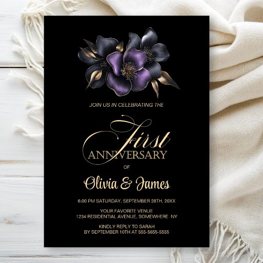 ブラックパープルグレイフローラ結婚1周年 招待状