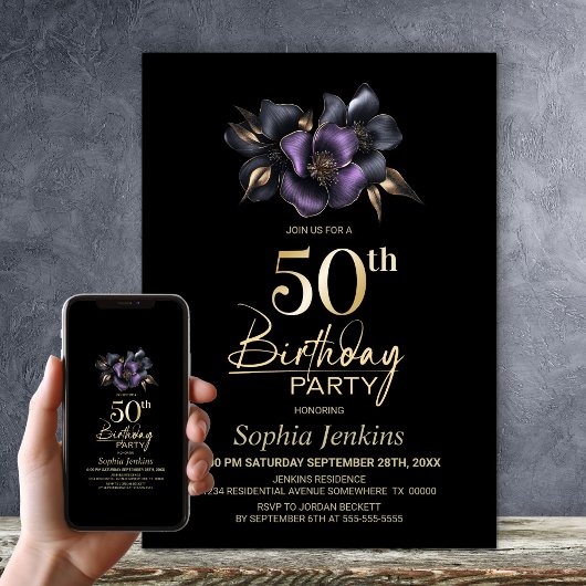 ブラックパープルグレーフローラ50th誕生日パーティー 招待状