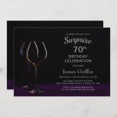 ブラックパープルサプライズ70誕生日ワイングラス 招待状 (正面/裏面)