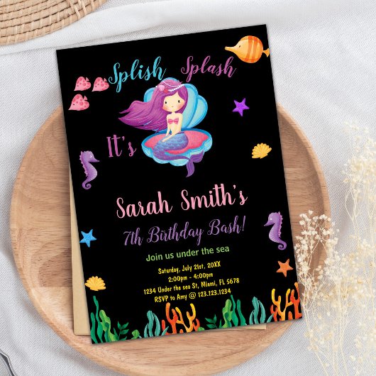 ブラックパープルシェルマーメイド誕生日招待状 招待状