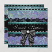 ブラックパープルティール（緑がかった色）ブルースウィート16バースデーパーティー 招待状 (正面/裏面)