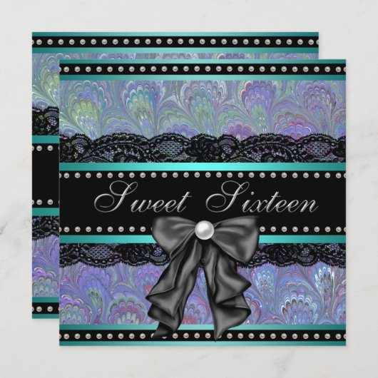 ブラックパープルティール（緑がかった色）ブルースウィート16バースデーパーティー 招待状 (正面/裏面)