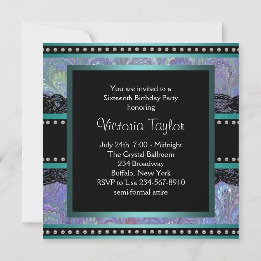 ブラックパープルティール（緑がかった色）ブルースウィート16バースデーパーティー 招待状 (裏面)