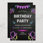 ブラックパープルネオンモダンバースデーパーティーへの招待 招待状 (正面/裏面)