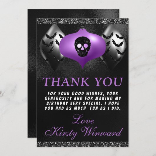 ブラックパープルハロウィンオーナメントの誕生日パーティー サンキューカード (正面/裏面)
