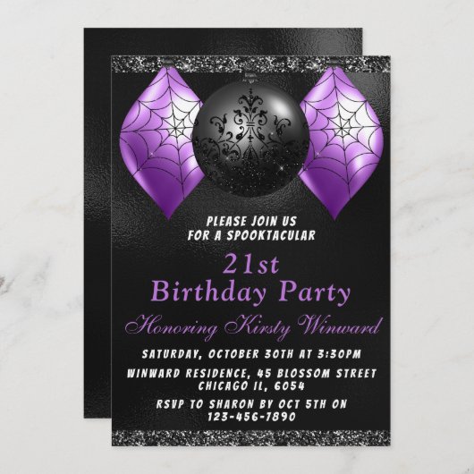 ブラックパープルハロウィンオーナメントの誕生日パーティー 招待状 (正面/裏面)