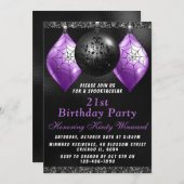 ブラックパープルハロウィンオーナメントの誕生日パーティー 招待状 (正面/裏面)