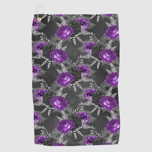 ブラックパープルバラエレガントシルバー葉ズガーデン ゴルフタオル (正面)