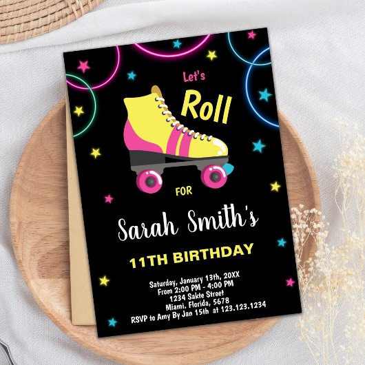 ブラックパープルピンクローラースケートで滑る招待状 招待状