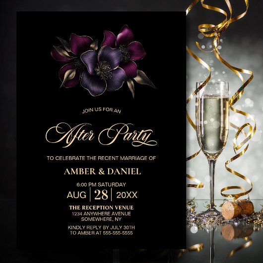 ブラックパープルピンク結婚フローラのパーティー 招待状